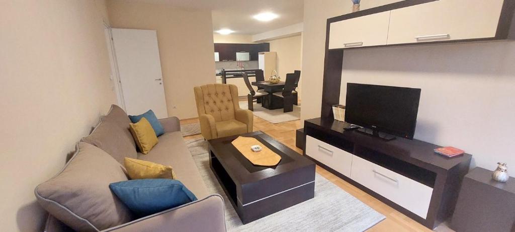 Sandras Apartment في ستروميكا: غرفة معيشة مع أريكة وتلفزيون بشاشة مسطحة