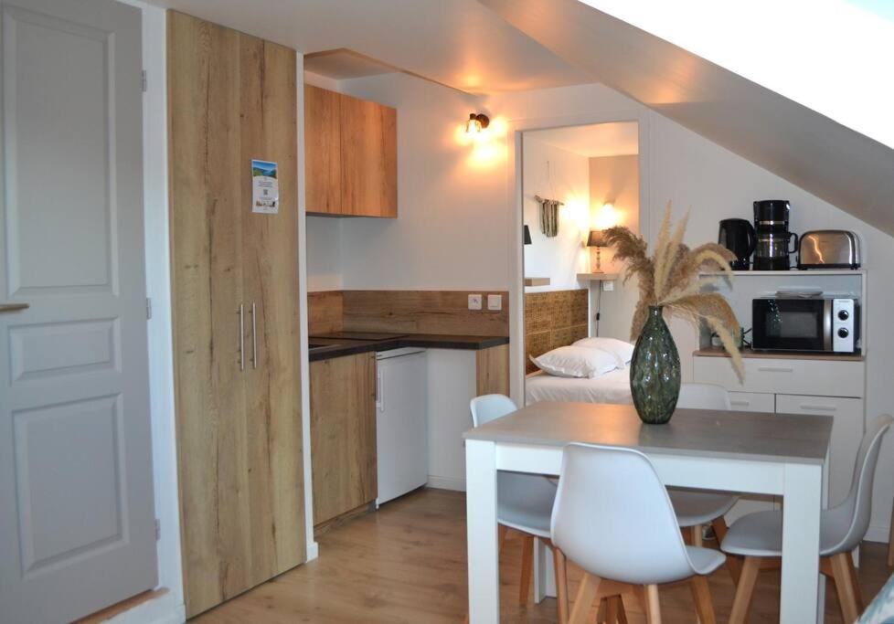 une cuisine et une salle à manger avec une table et des chaises dans l'établissement Appartement Le Filaterie sous les toits, à Annecy