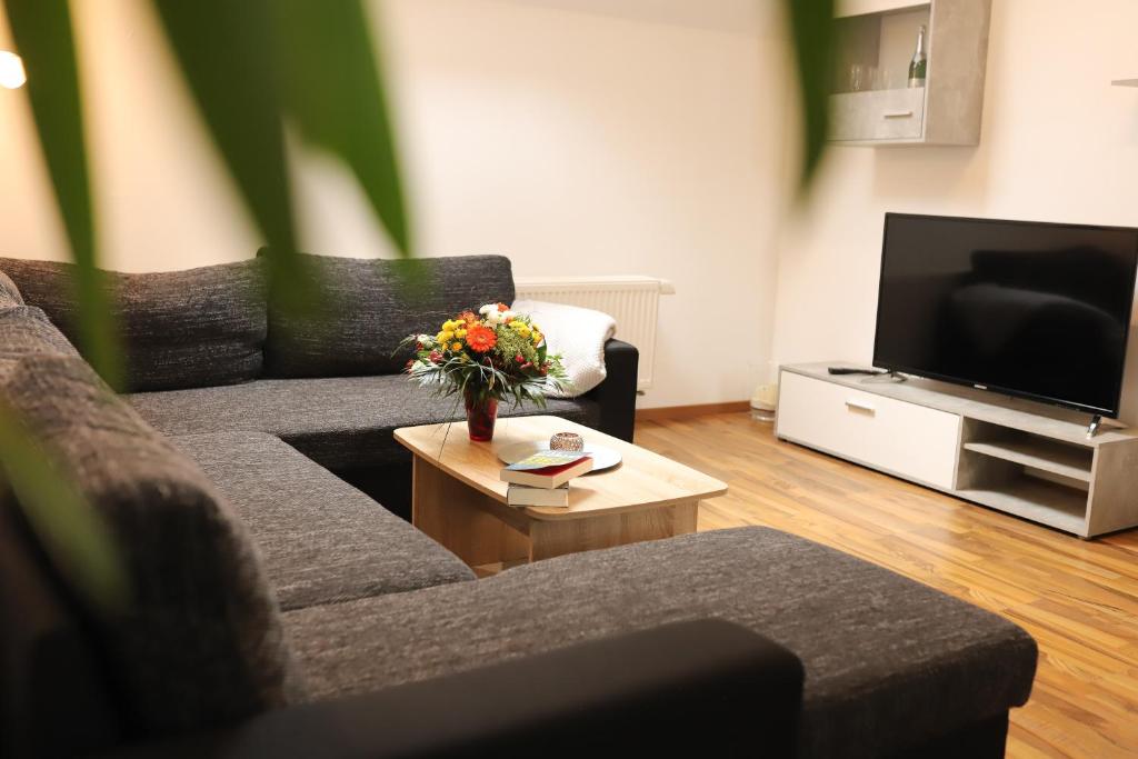 a living room with a couch and a tv at Ferienwohnung am Herzplatz in Memmelsdorf
