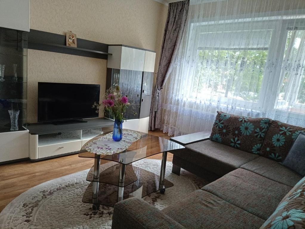 a living room with a couch and a table and a television at Welcome home Taikos 72V-22 in Visaginas