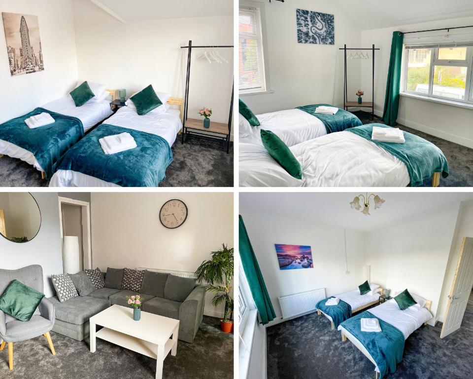 three pictures of a bedroom with two beds and a couch at Perfect for Contractors & Families! 7 Beds Free Parking in Birmingham