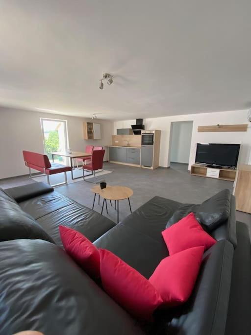 a living room with a black couch with red pillows at Ferienwohnung Felina in Passau