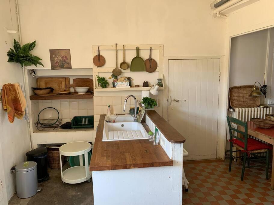 a kitchen with a sink and a counter top at Le Grand Libois - ancienne ferme 