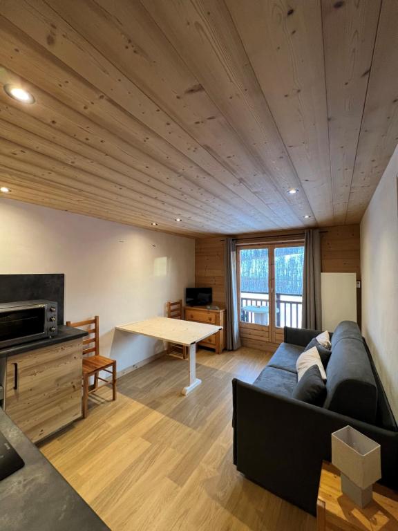 a living room with a couch and a table at Studio face aux pistes in Praz-sur-Arly
