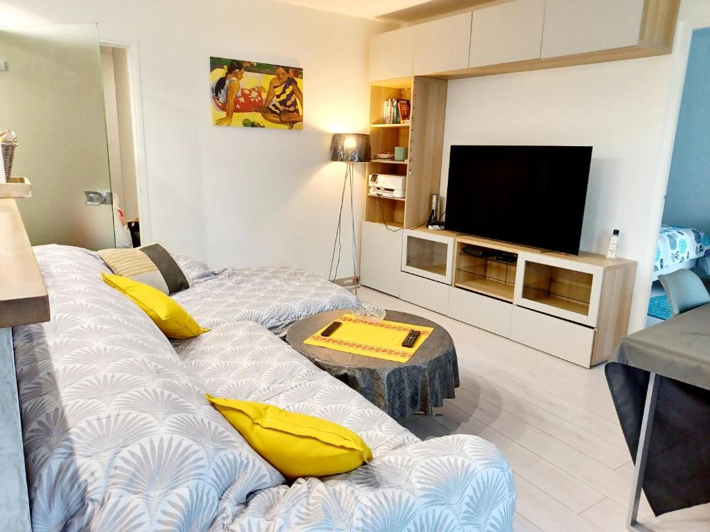 a living room with a couch and a flat screen tv at Superbe appartement 3p, parking gratuit proche Paris in Châtenay-Malabry