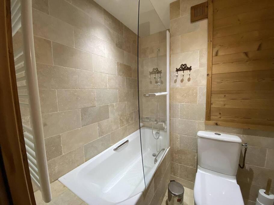 a bathroom with a shower and a toilet and a tub at Alpe d&#39;Huez Houses - Chalet des Roches - Duplex, SUR les pistes de 3 chambres ! in LʼHuez