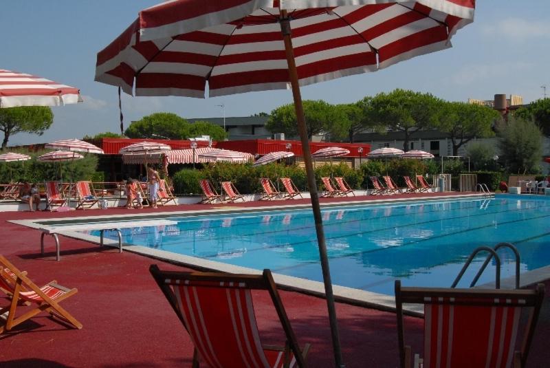a swimming pool with chairs and umbrellas and a swimming poolasteryasteryastery at Apartments Via Dei Platani in Marina di Bibbona