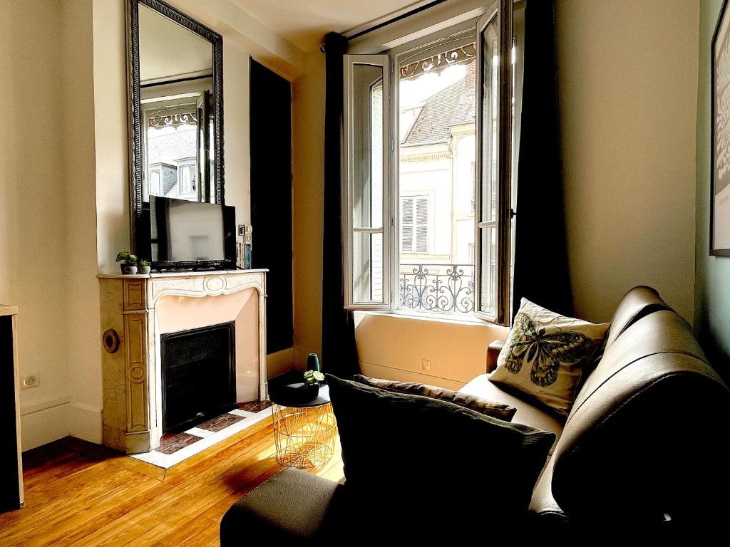 salon z kanapą i kominkiem w obiekcie Très joli studio rue piétonne #3 w mieście Dreux