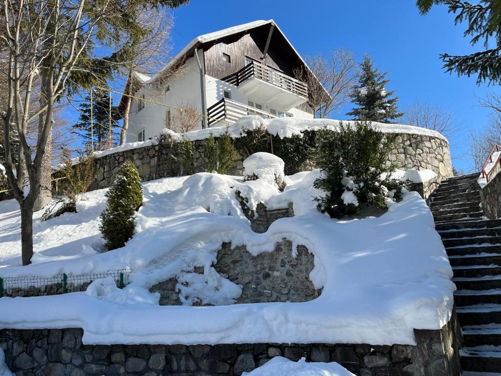 a house covered in snow in front of stairs at Casa Floarea de Colt in Azuga