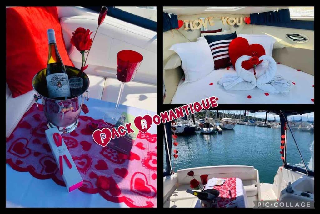 トノン・レ・バンにあるLoveboatの四本の絵とワイン一本のコラージュ