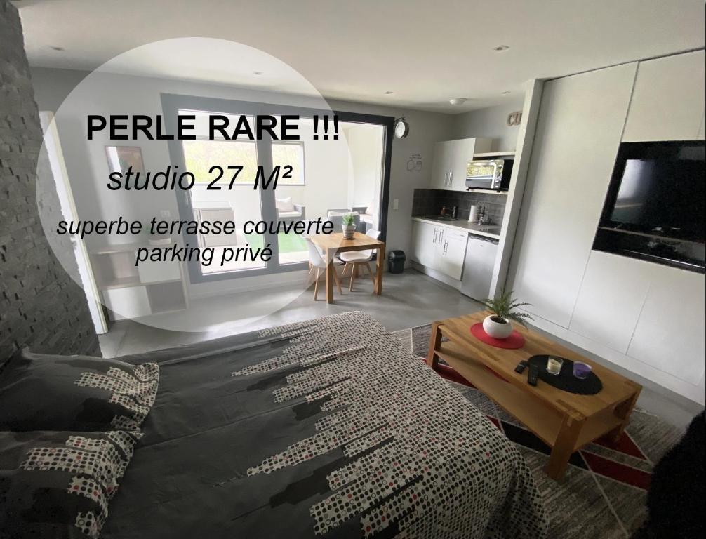 um quarto com uma cama, uma mesa e uma televisão em Appartement avec Terrasse couverte - La Motte-Servolex em La Motte-Servolex