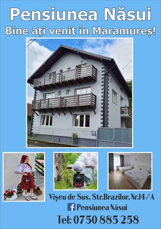 a collage of pictures of a white house at PENSIUNEA NASUI in Vişeu de Sus