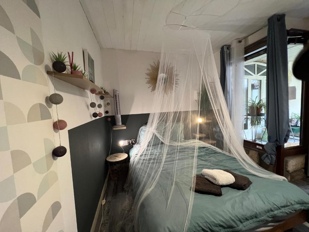 a bedroom with a bed covered in mosquito net at Studio très calme en plein centre ville entrée indépendante in Lunel