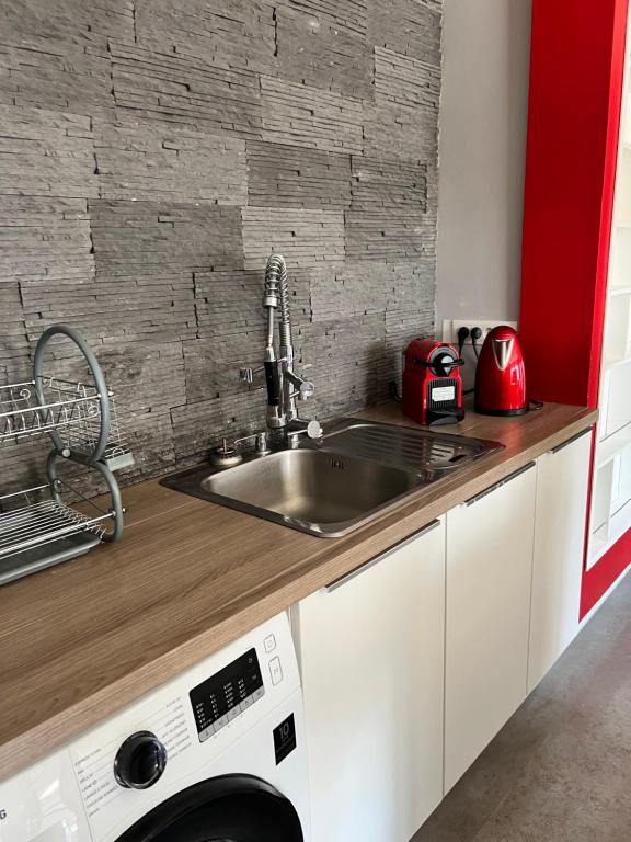 a kitchen with a sink and a microwave at Cosy apartment Disneyland Paris en face de la gare RER val d'Europe in Serris
