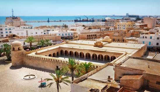 vistas a una ciudad con edificios y palmeras en Cerr Tunez Tunisia, en Salou