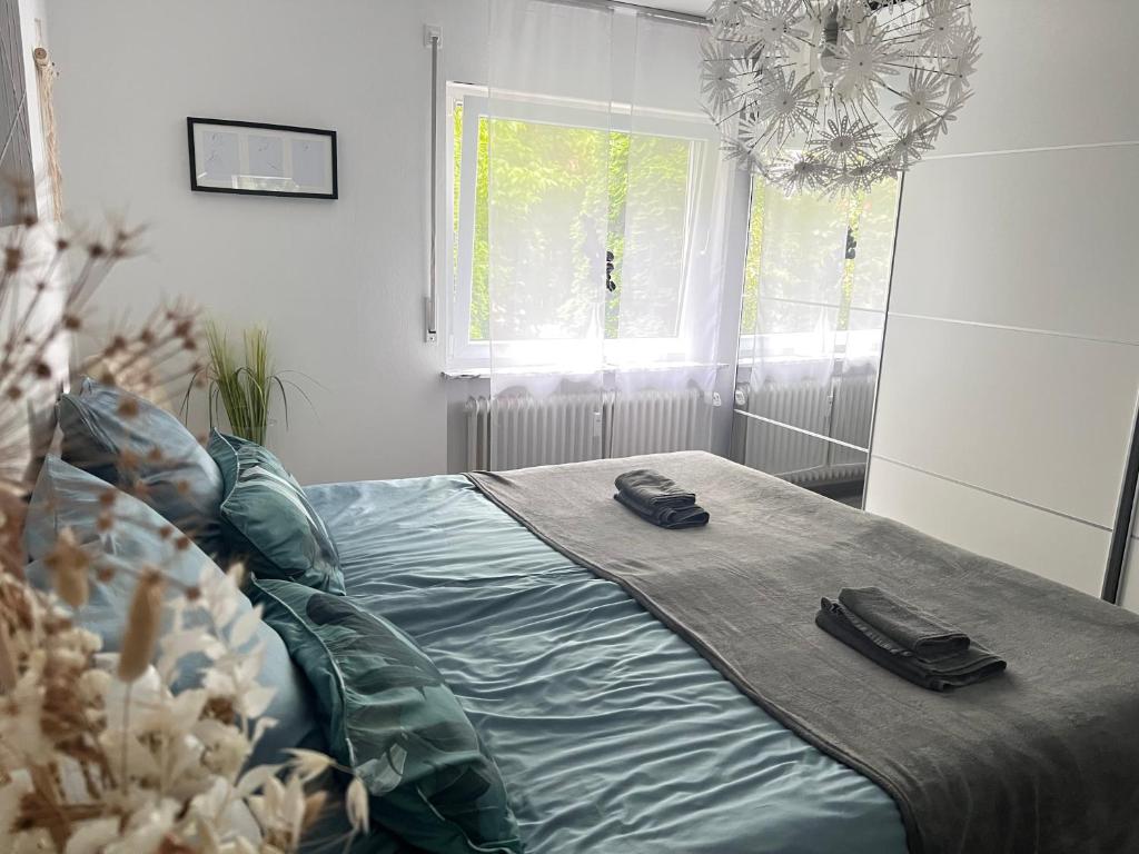 Steinach Apartment في Neuffen: غرفة نوم عليها سرير وحذيين