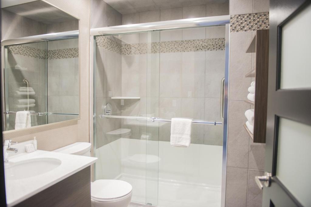 a bathroom with a shower and a toilet and a sink at Stonecroft Inn in Windsor