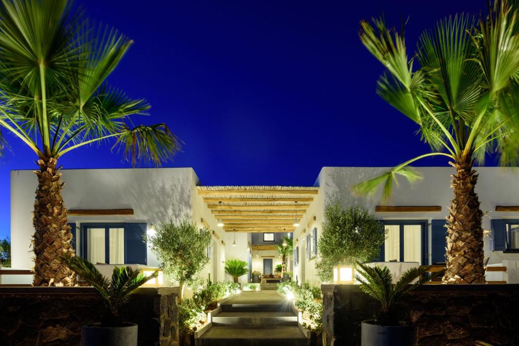 a house with palm trees in front of it at White Dream Suites Antiparos in Antiparos