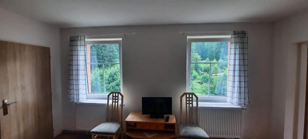 a room with two windows and a table with a tv at Apartmán Kořenov in Kořenov