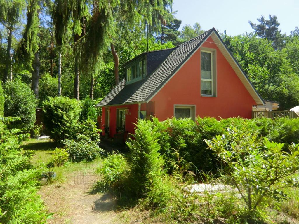 a red house in the middle of a garden at Ferienhaus Zingst MinHus in Zingst