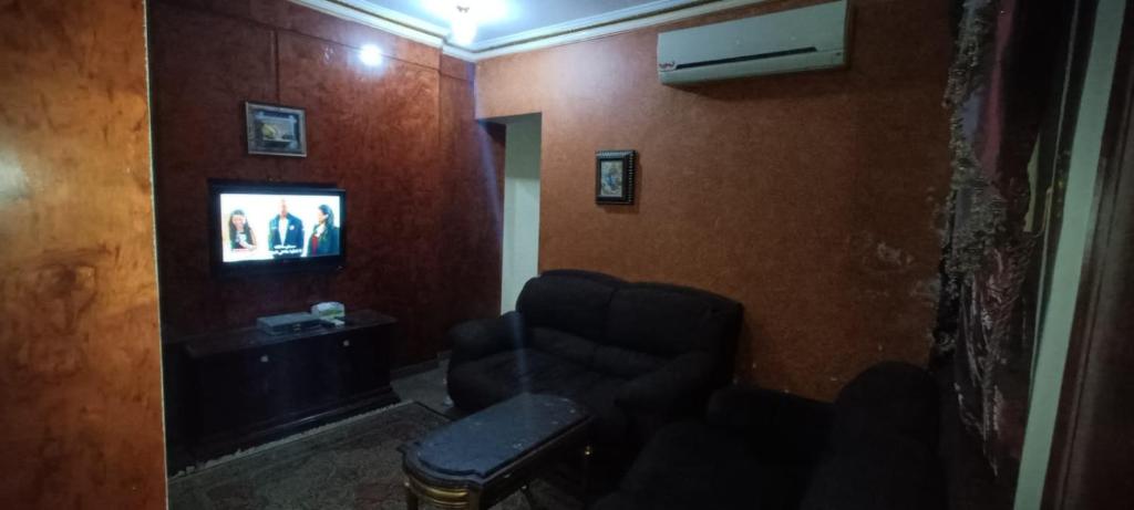 In ibrahimia midtown Alex في الإسكندرية: غرفة معيشة مع أريكة وتلفزيون