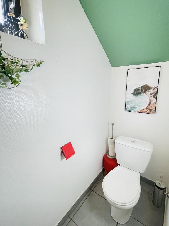 a bathroom with a white toilet in a room at Gite du Moulin in Saint-Laurent-dʼAndenay