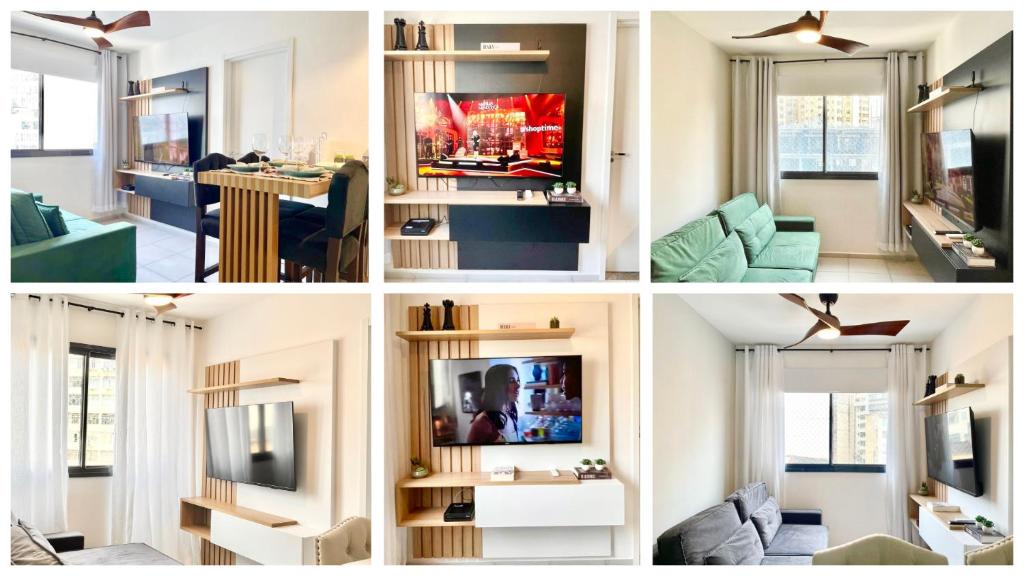 uma colagem de quatro fotografias de uma sala de estar em Apartamento Espaçoso e Aconchegante na Bela Vista em São Paulo