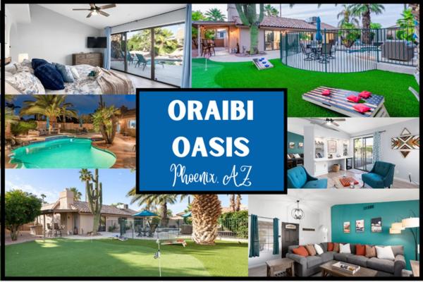 eine Collage mit Fotos eines Hauses mit einer Palme in der Unterkunft Oraibi Oasis-A Phoenix Paradise- Pool, Spa, Putting Green, EV Charger in Phoenix