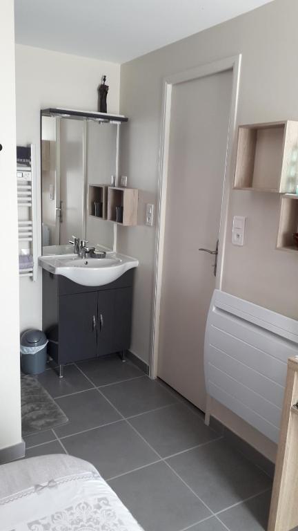 ein Bad mit einem Waschbecken und einem Spiegel in der Unterkunft Chambre d'hôtes Juline 