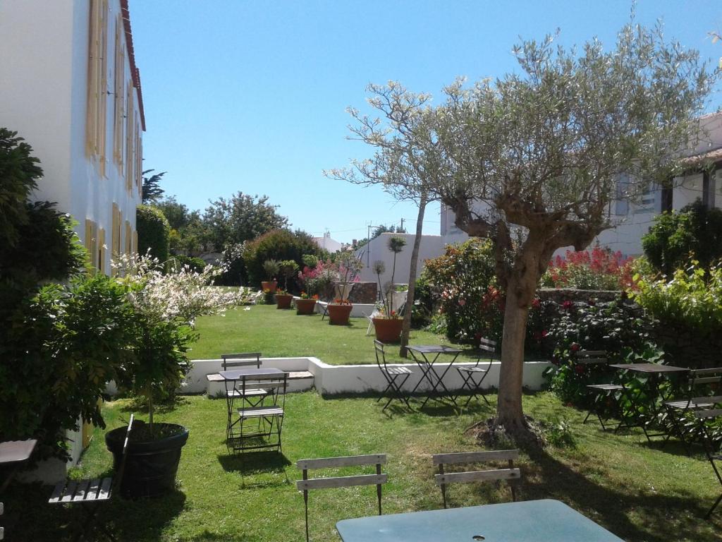 een tuin met tafels en stoelen en een boom bij Hôtel L'Escale in L'Ile d'Yeu