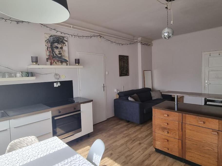 a kitchen and living room with a couch and a table at Cosy 2 room apartment with nice vibe, for up to 4 in Ljubljana