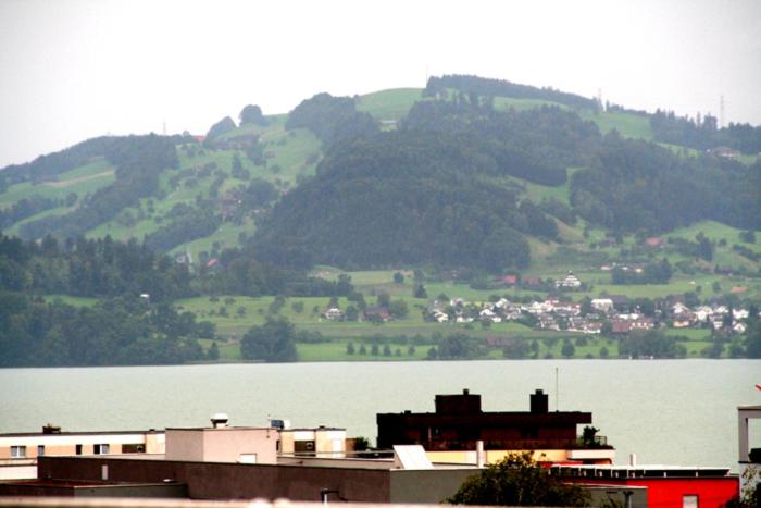widok na duży zbiornik wodny z górą w obiekcie Nest - Baarerstrasse 55 w mieście Zug