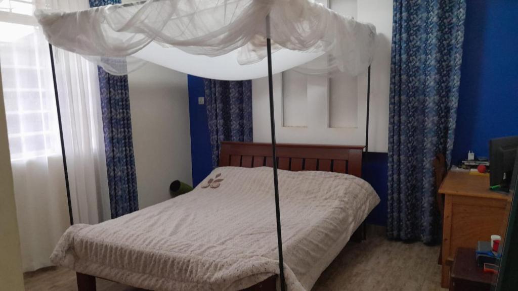 uma cama de dossel num quarto azul em Pazuri homes em Kalimoni