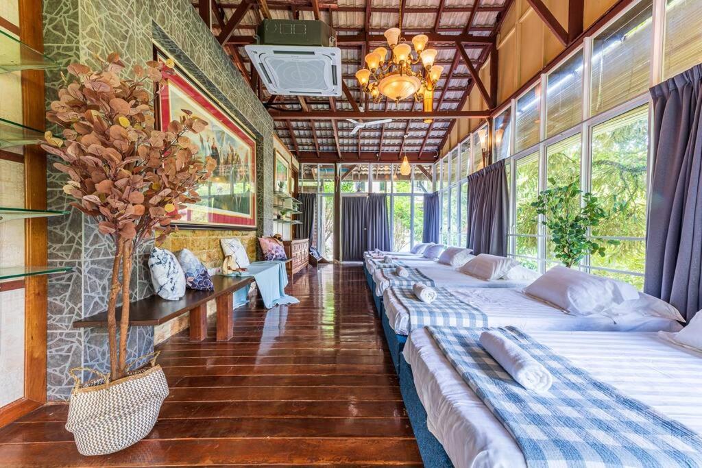 - une rangée de lits dans une chambre avec fenêtres dans l'établissement Bentong Nature Orchard Homestay, à Bentong