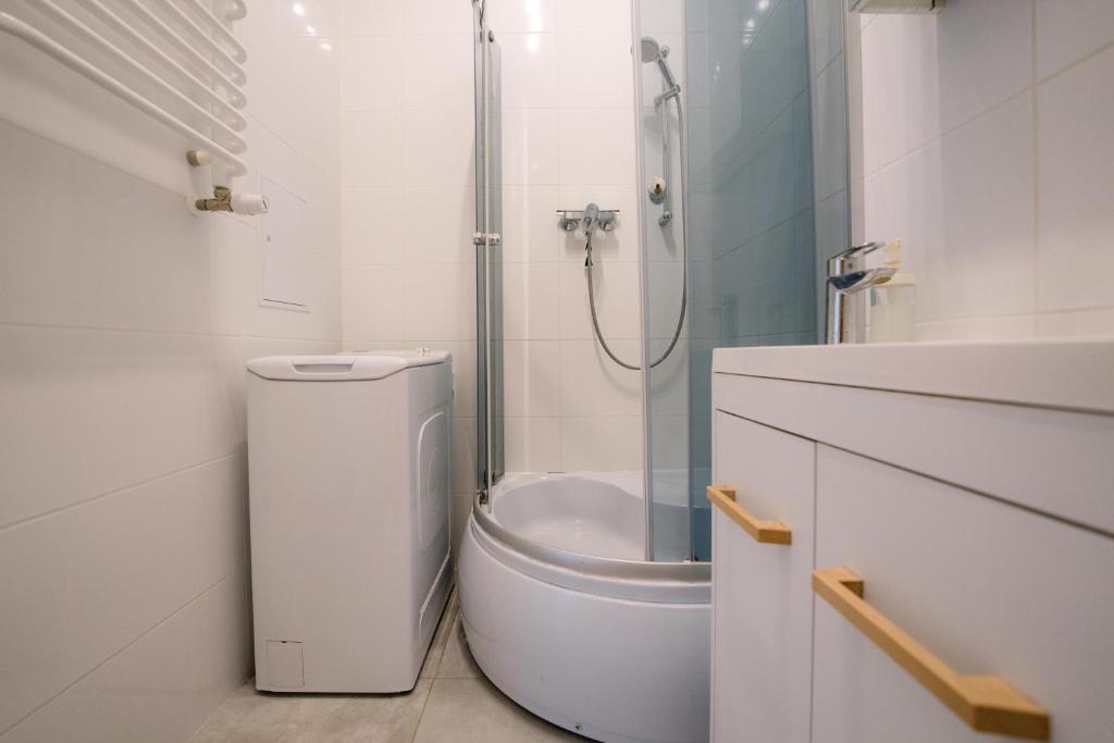 łazienka z prysznicem, toaletą i umywalką w obiekcie Cosy Balcony Apartment w Grudziądzu