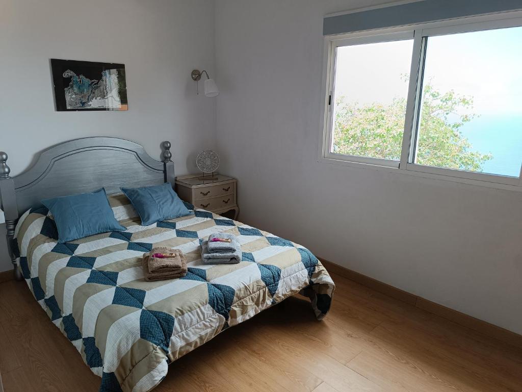 een slaapkamer met een bed met blauwe kussens en een raam bij Cómodo estudio en el norte de Tenerife in Sauzal