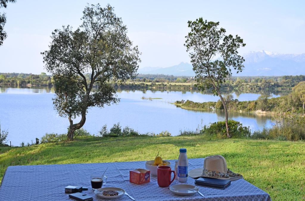 stolik piknikowy z widokiem na jezioro w obiekcie Locations "ChezChristine" à Aléria w mieście Aléria