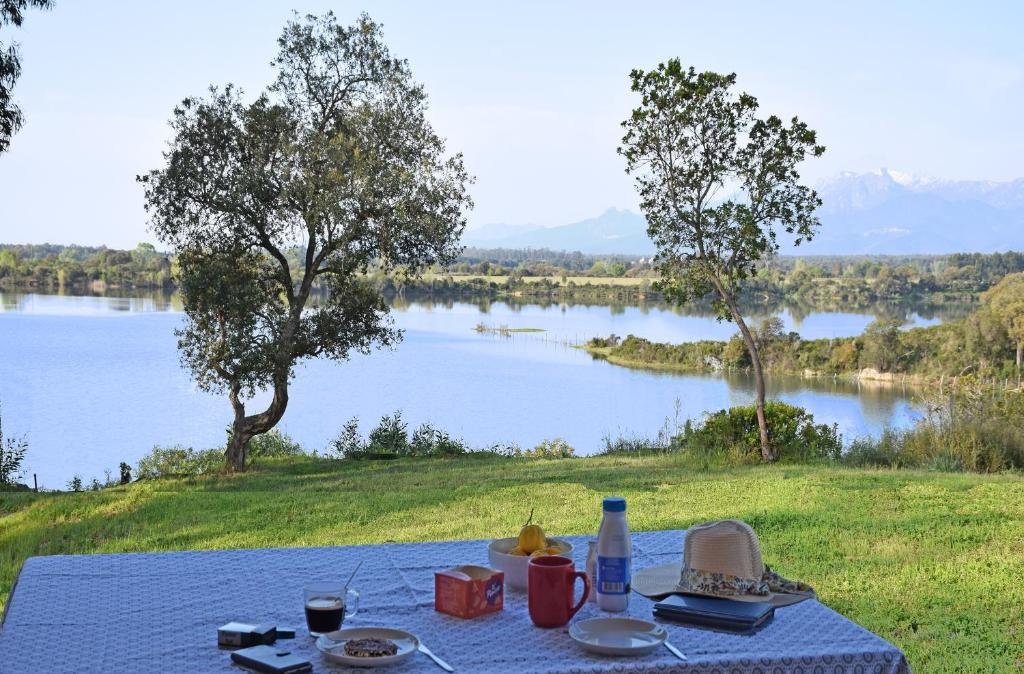 a picnic table with a view of a lake at Locations "ChezChristine Aléria" à Aléria in Aléria