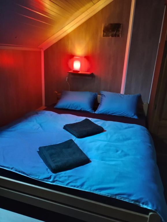 een bed met blauwe lakens en kussens in een kamer bij Hostel SuzZzy in Novska