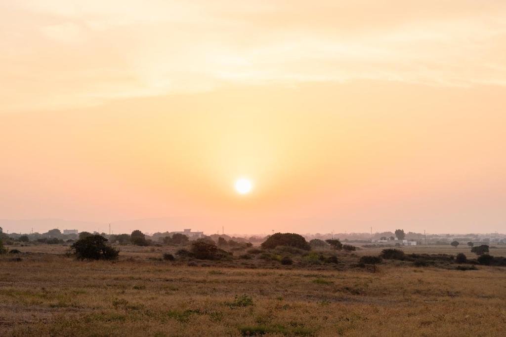 a sunset in the desert with the sun setting at Masseria Gorgognolo in Ostuni