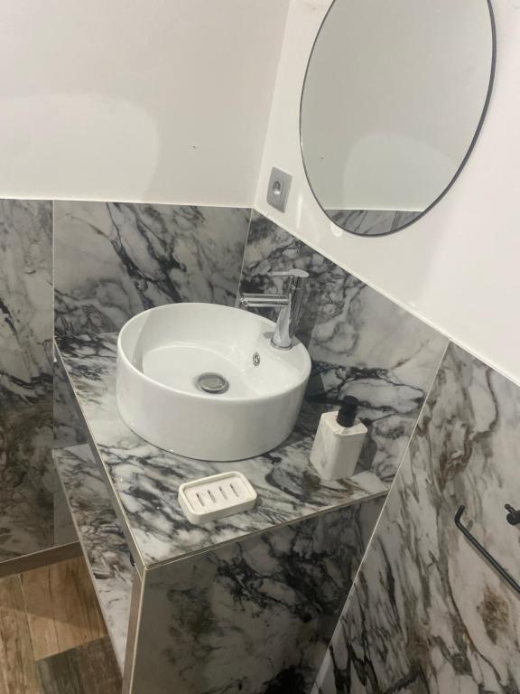 een badkamer met een wastafel en een spiegel bij Why Not Jacuzzi in Arles