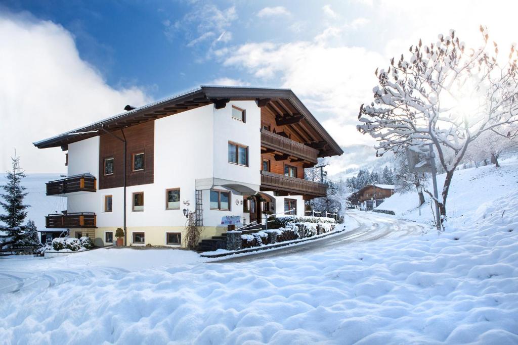 une maison dans la neige avec une cour recouverte de neige dans l'établissement Alpbach Apartments, à Reith im Alpbachtal