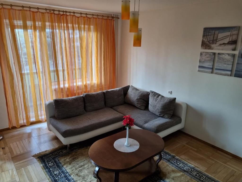 uma sala de estar com um sofá e uma mesa em Eva's apartments em Kaunas