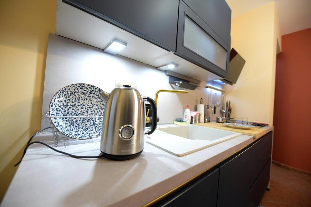 a kitchen with a toaster on a counter next to a sink at AMALFI luxury APARTMENT in Komotini