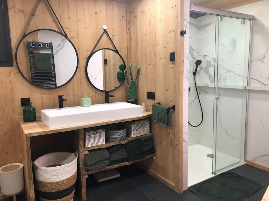 a bathroom with a sink and a mirror at Chalet au pied des pistes du Cambre d Aze in Saint-Pierre-dels-Forcats