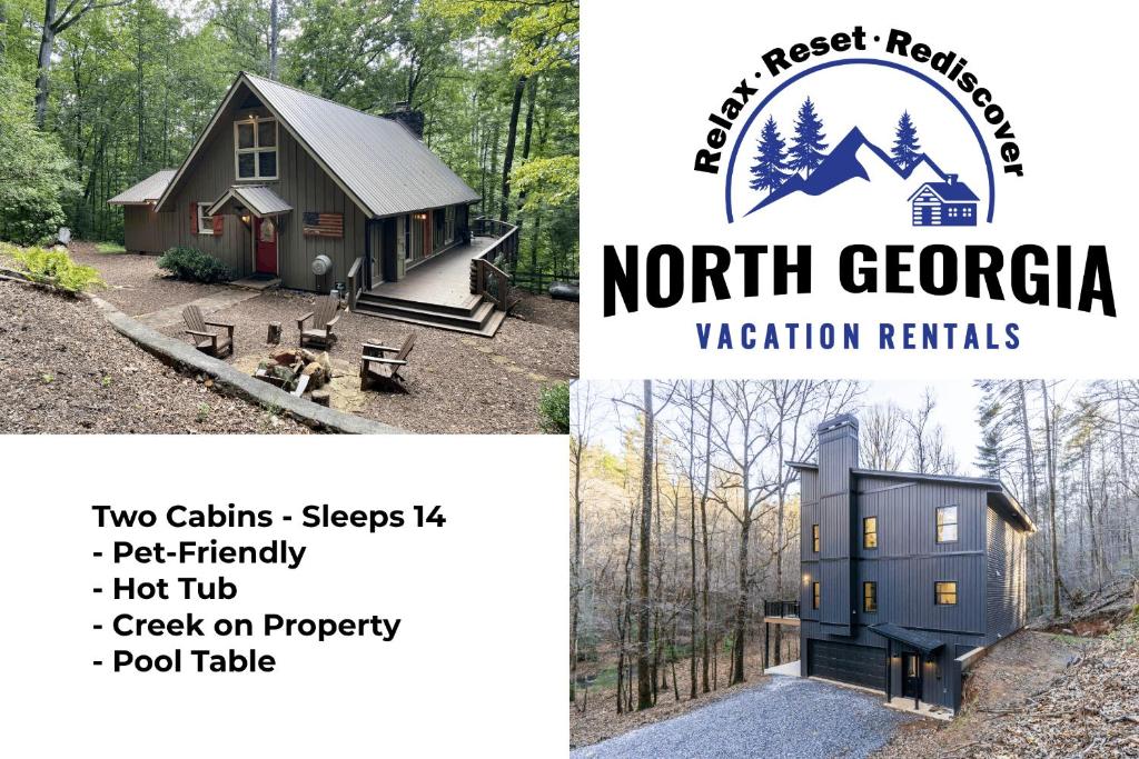 a collage of two pictures of a tiny house at New Listing! Two Creekside Cabins - Sleeps 14 in Dahlonega