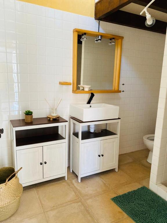 une salle de bain avec un lavabo et un miroir dans l'établissement Gîte E & M, à Saint-Denis-de-Pile