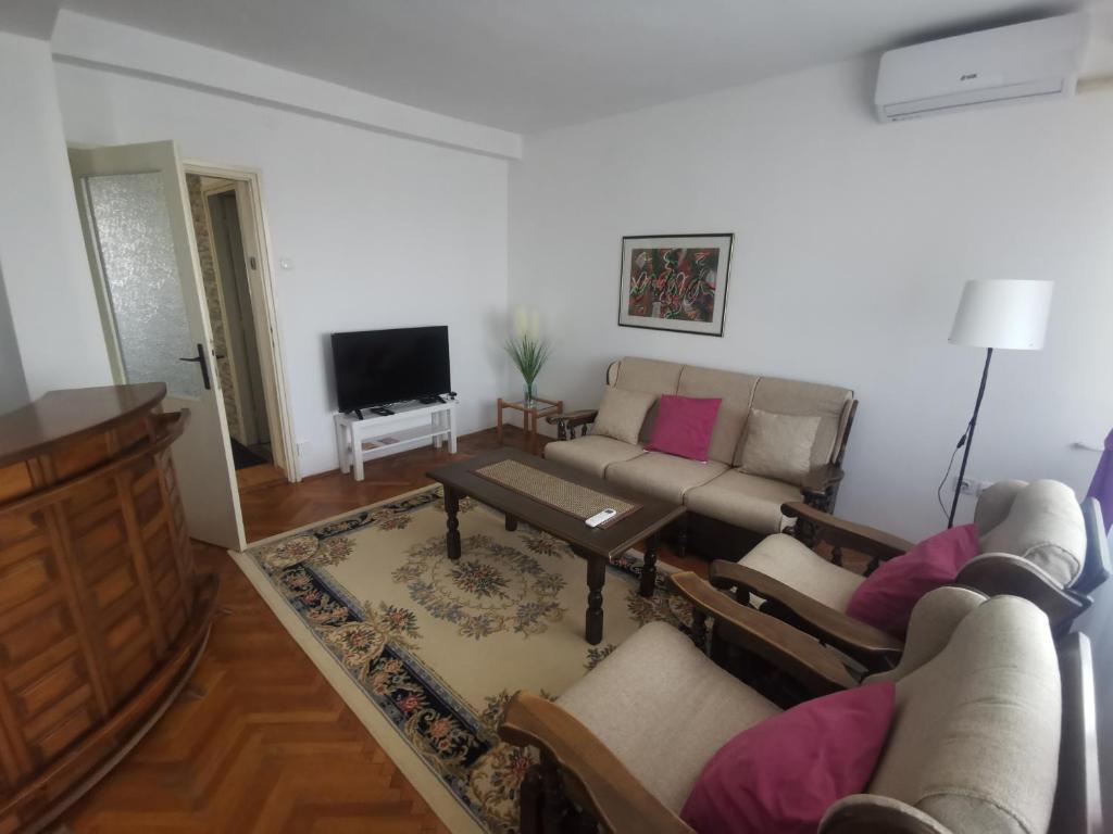 un soggiorno con un divano e una TV di Apartman Monaco a Kraljevo