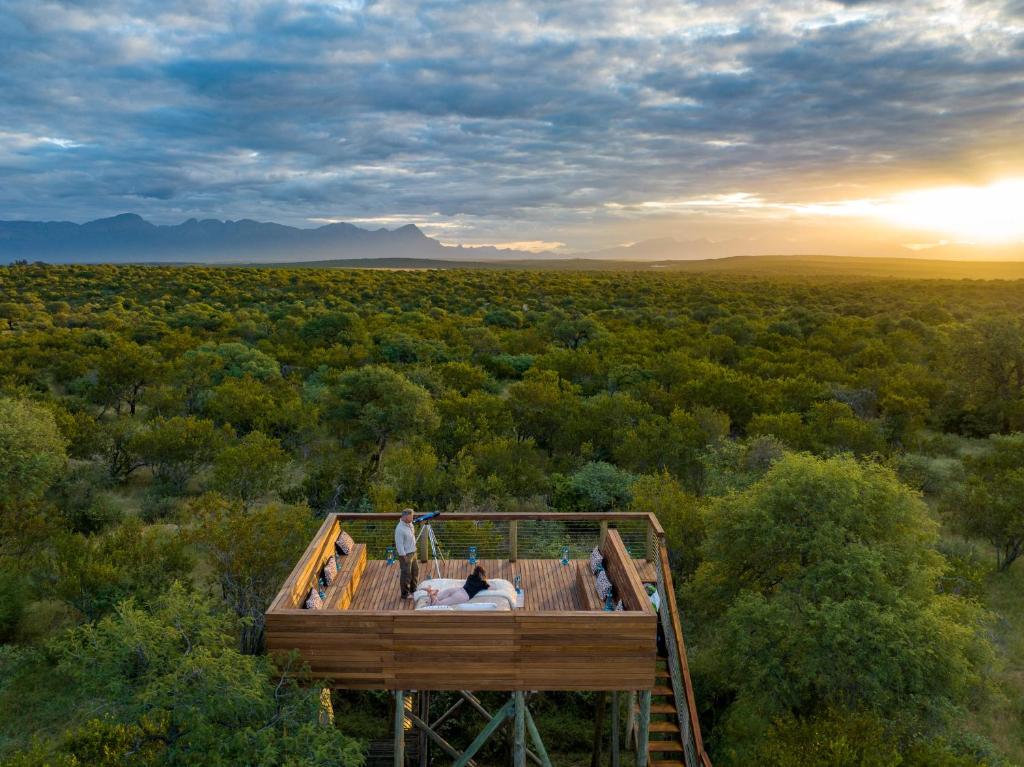 two people standing on a viewing platform in the woods at Oase by 7 Star Lodges - Greater Kruger Private 530ha Reserve in Hoedspruit