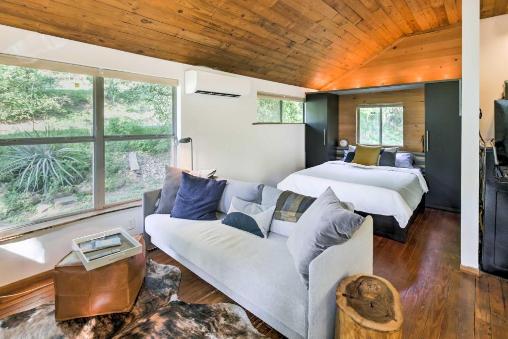 オースティンにある2 Mi to Dtwn Pet-Friendly Austin Studio with Yardのリビングルーム(ソファ、ベッド付)、ベッドルーム1室が備わります。